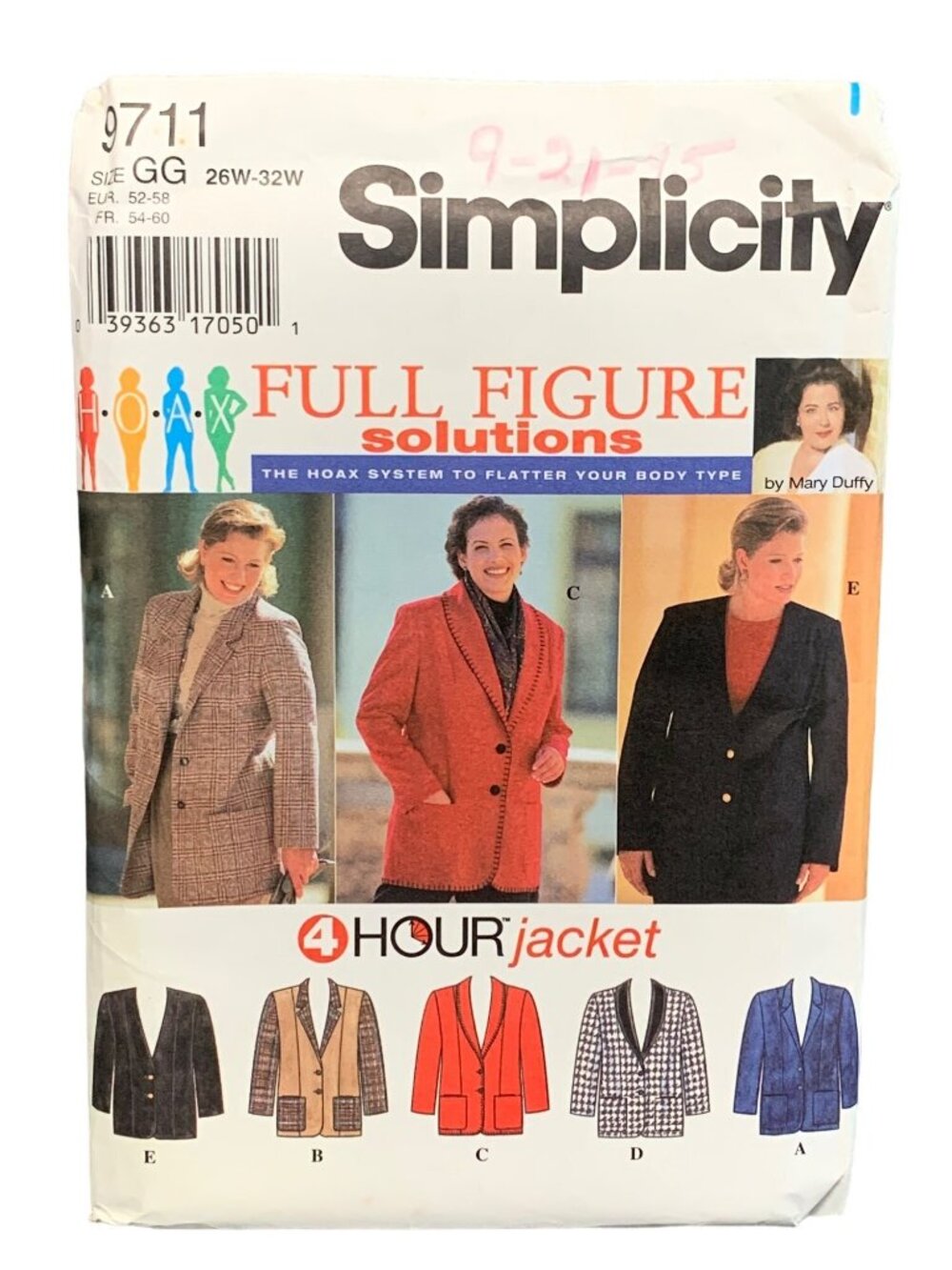 Simplicity Womens Full Figure Jacket Pattern 9711 Size 26W-28W-30W-32W Uncut